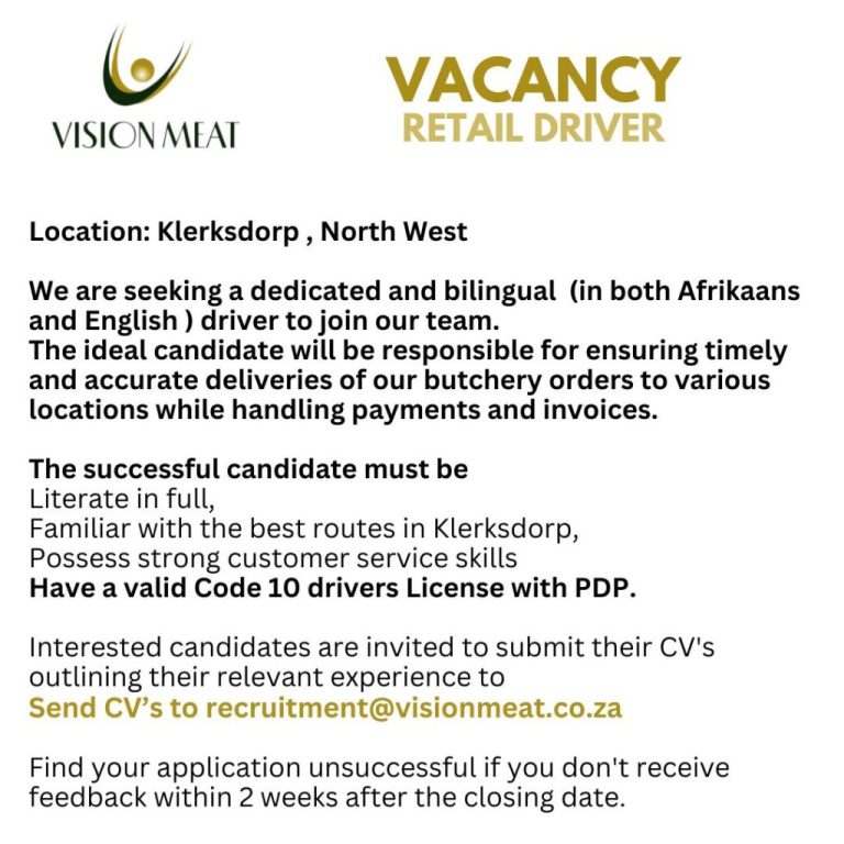 Retail Driver Vacancy – Klerksdorp, North West