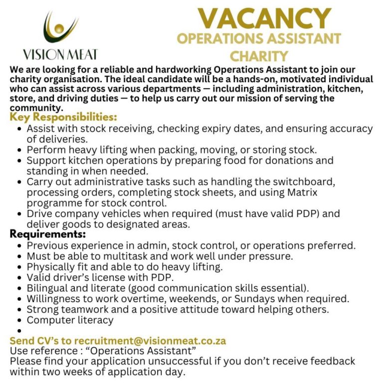 Operations Assistant (Charity) Vacancy – Vision Meat