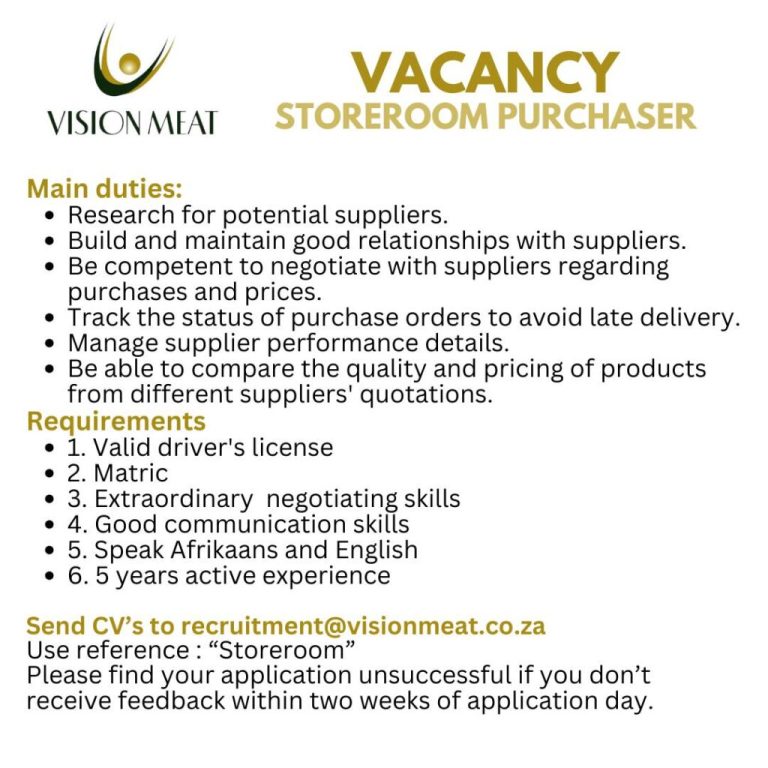Vacancy: Storeroom Purchaser – Vision Meat